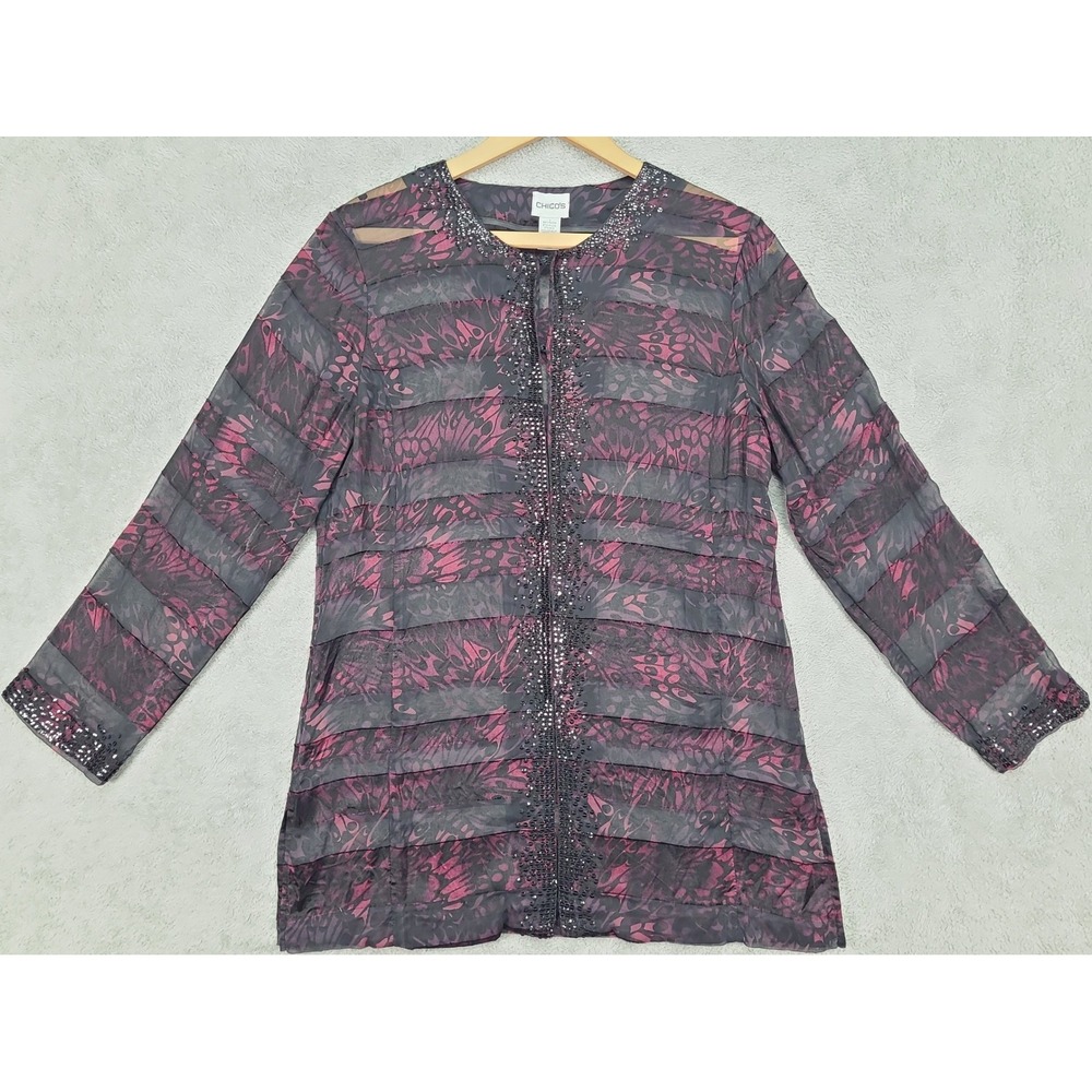 Chico's Silk Blend Sequin Tiered Blouse Jacket Size 1 Medium Pink Black Sheer